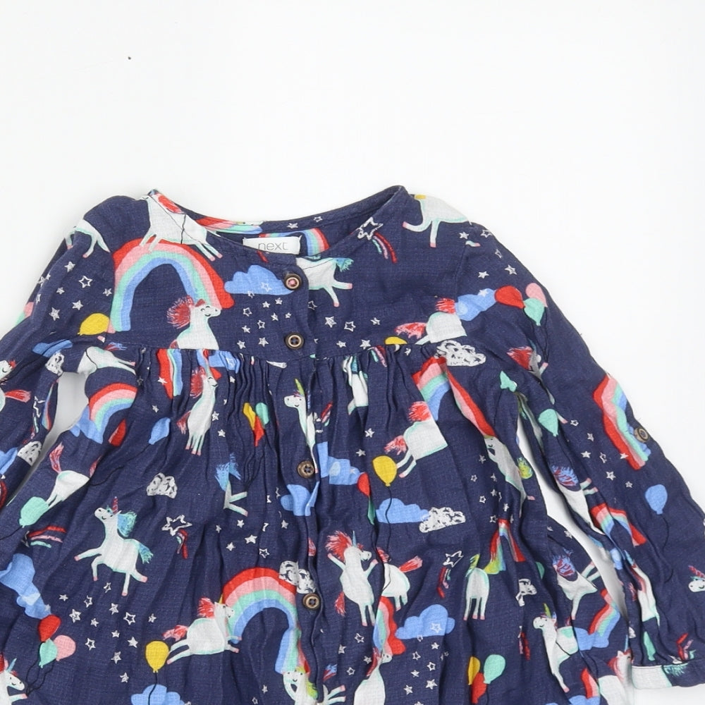 NEXT Girls Blue  Cotton A-Line  Size 2-3 Years  Round Neck Button - Unicorn & Rainbows
