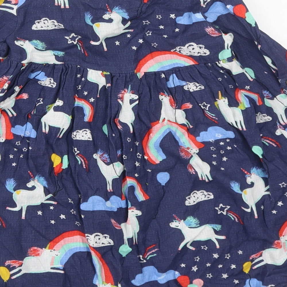 NEXT Girls Blue  Cotton A-Line  Size 2-3 Years  Round Neck Button - Unicorn & Rainbows