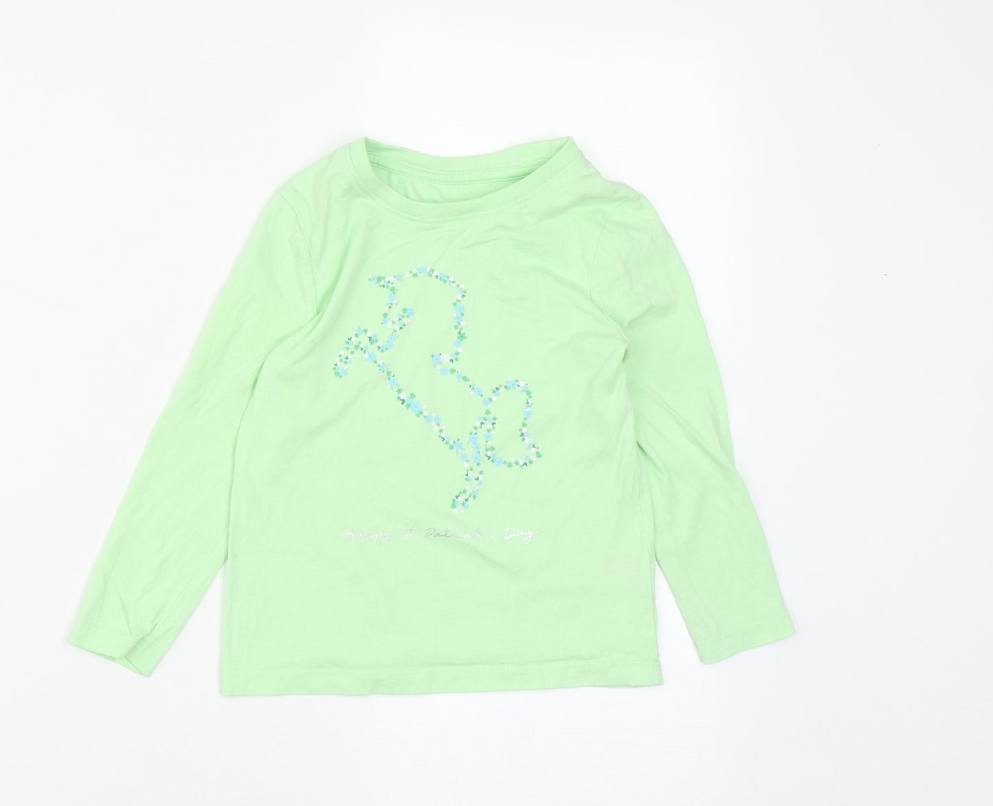 Dunnes Stores Girls Green  Cotton Basic Casual Size 3-4 Years Round Neck  - Unicorn