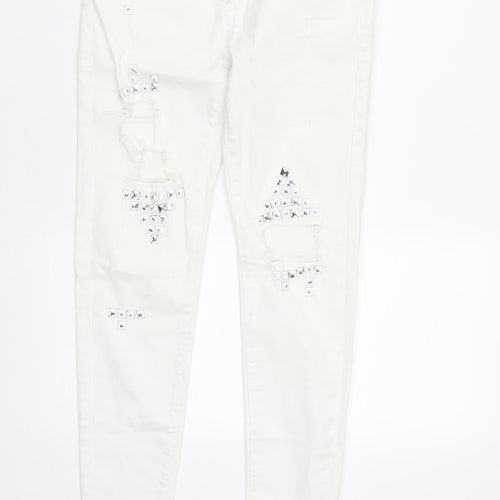 Preworn Womens White Geometric Cotton Straight Jeans Size S L27 in Regular Zip