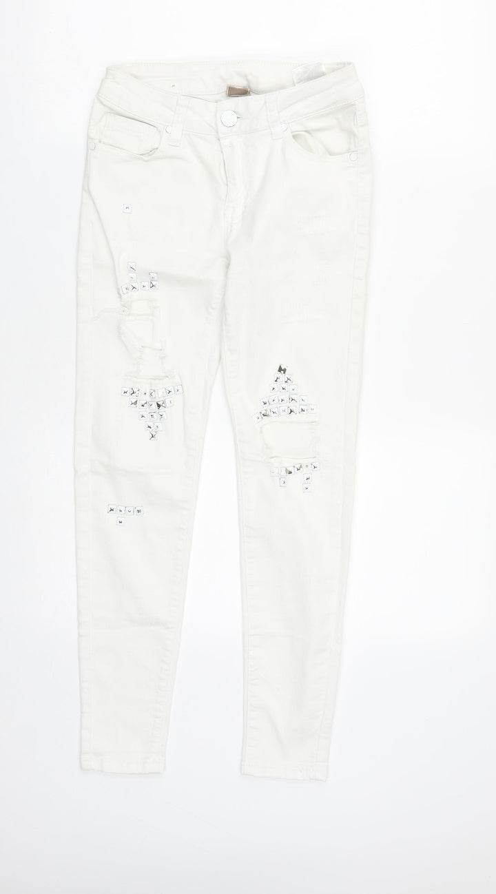 Preworn Womens White Geometric Cotton Straight Jeans Size S L27 in Regular Zip