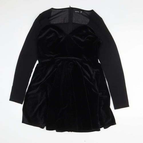 Boohoo Womens Black  Polyester Fit & Flare  Size 10  V-Neck Zip