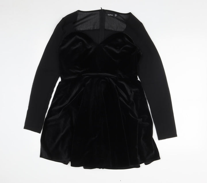Boohoo Womens Black  Polyester Fit & Flare  Size 10  V-Neck Zip