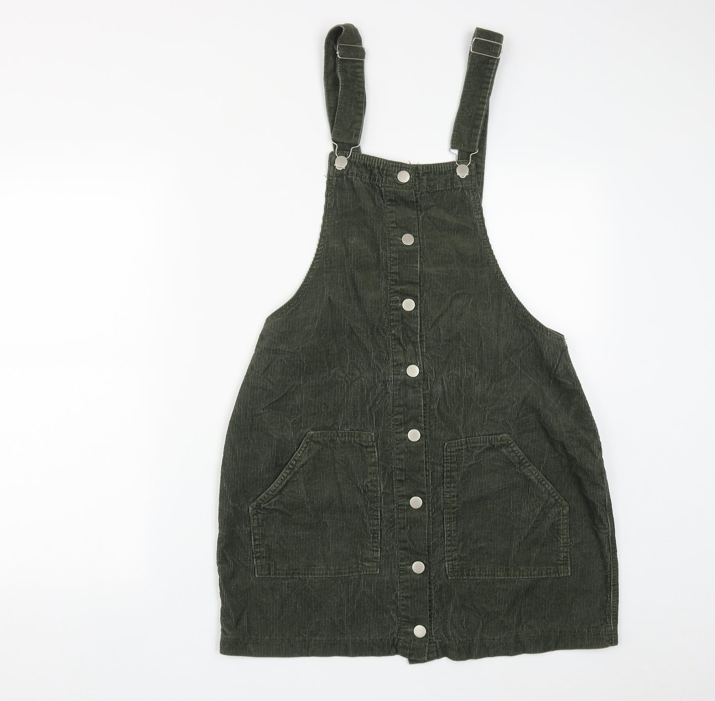 PRETTYLITTLETHING Womens Green  Cotton Pinafore/Dungaree Dress  Size 12  Square Neck Button