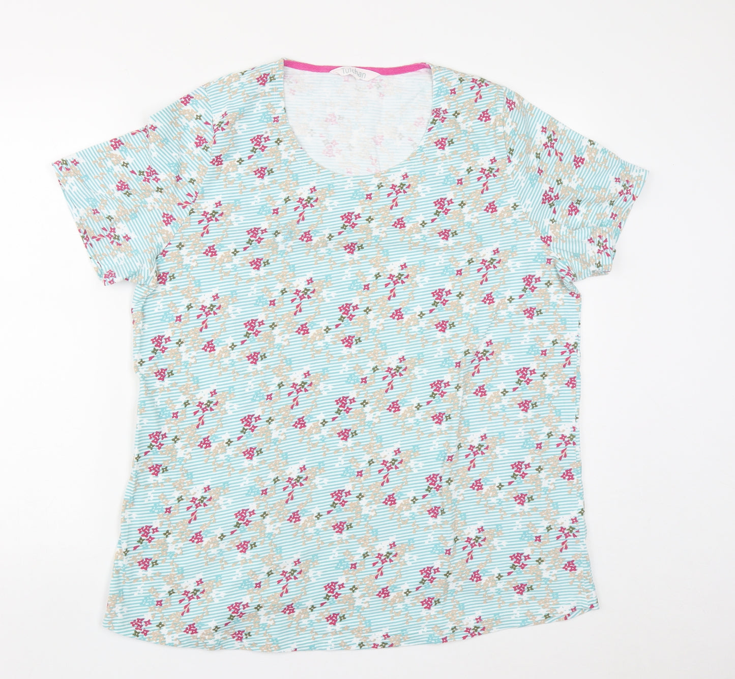 Tulchan Womens Multicoloured Floral Cotton Basic T-Shirt Size 20 Round Neck