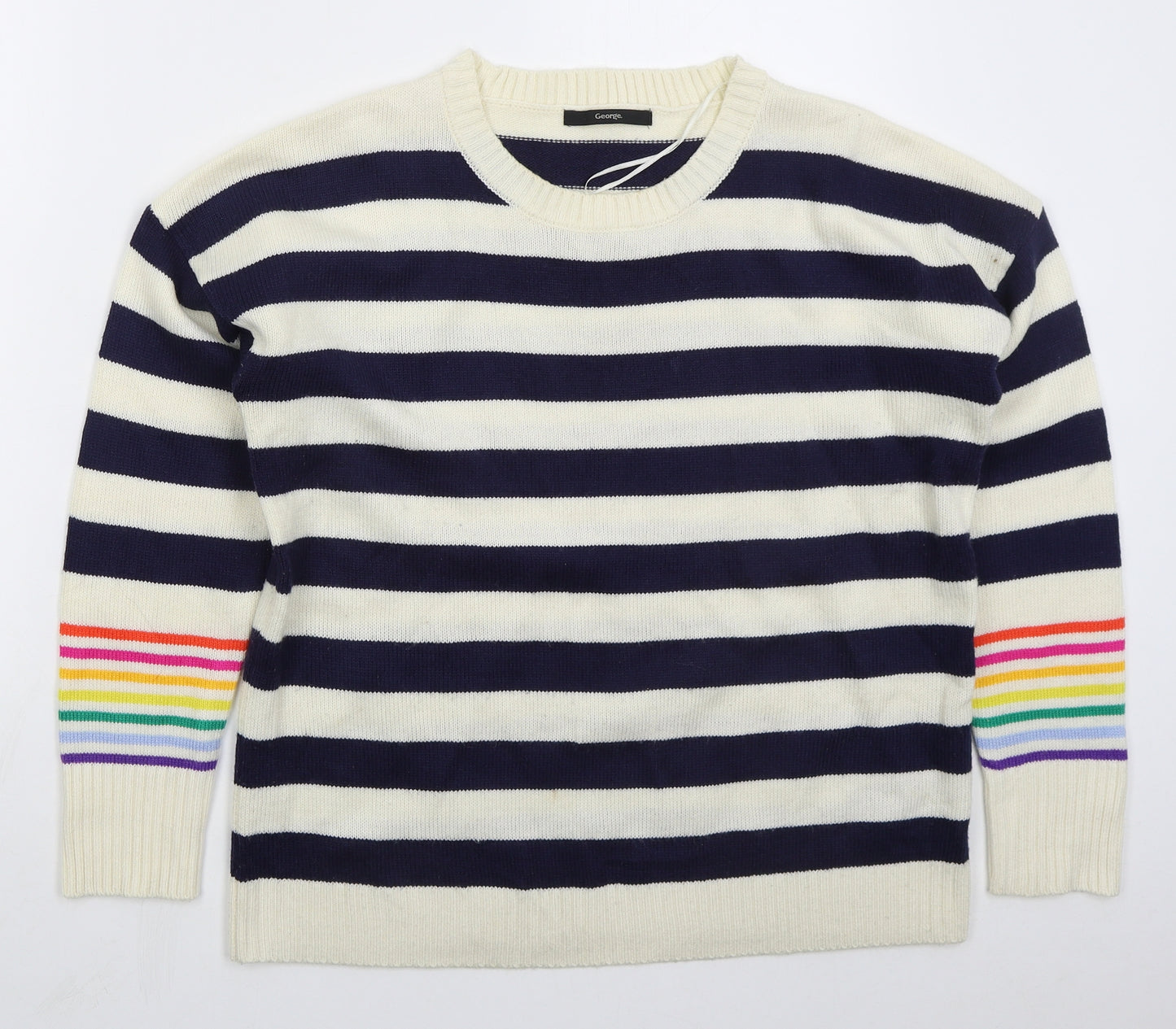 George Womens Blue Crew Neck Striped Acrylic Pullover Jumper Size 12