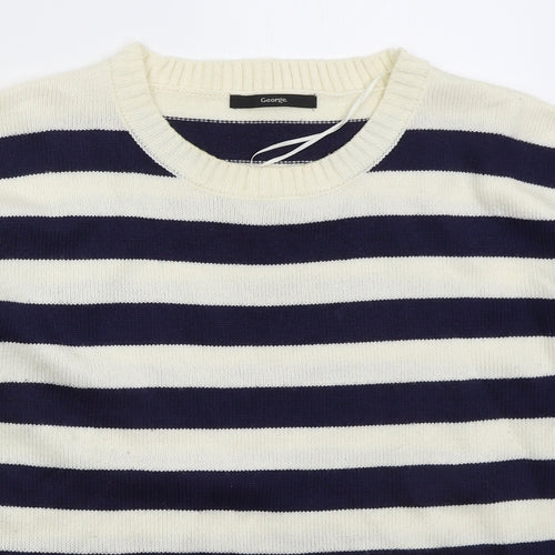 George Womens Blue Crew Neck Striped Acrylic Pullover Jumper Size 12