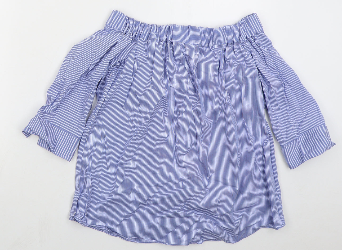 TU Womens Blue Striped Cotton Basic Blouse Size 8 Off the Shoulder