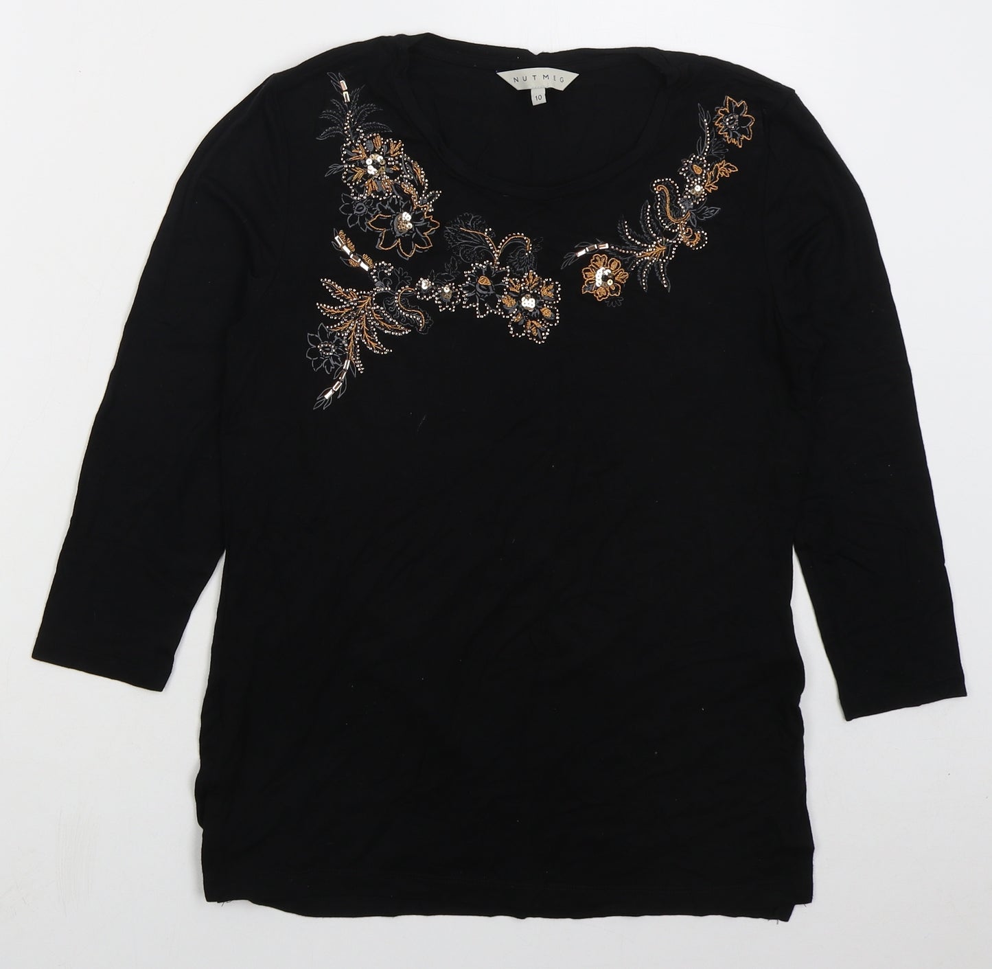Nutmeg Womens Black Floral Viscose Basic T-Shirt Size 10 Crew Neck