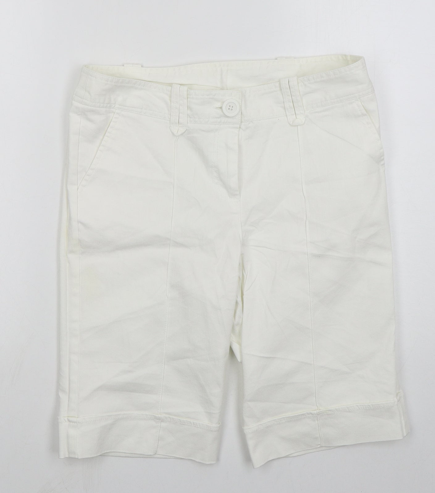 BHS Womens White  Cotton Bermuda Shorts Size 12 L11 in Regular Button