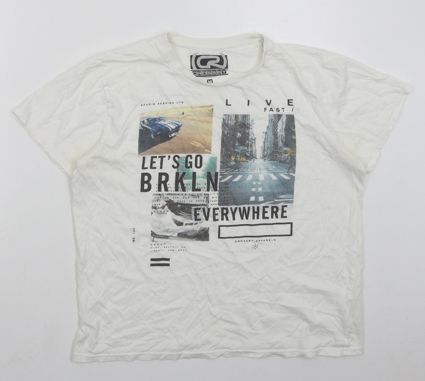 Crossby Mens White  Cotton  T-Shirt Size M Crew Neck  - Let's Go Brooklyn