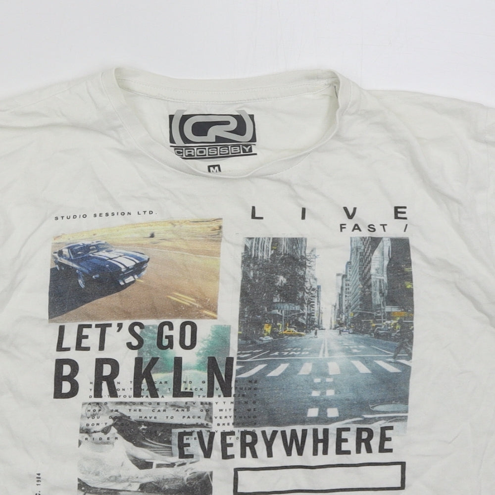 Crossby Mens White  Cotton  T-Shirt Size M Crew Neck  - Let's Go Brooklyn