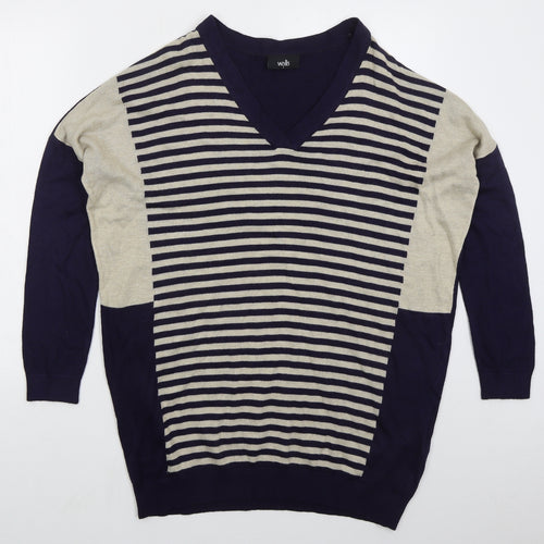 Wallis Mens Blue V-Neck Striped Acrylic Pullover Jumper Size S