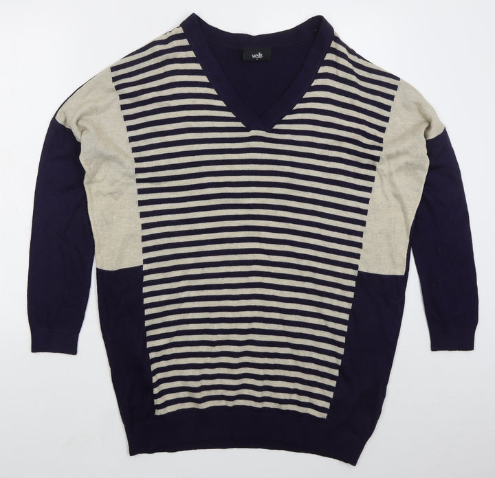 Wallis Mens Blue V-Neck Striped Acrylic Pullover Jumper Size S