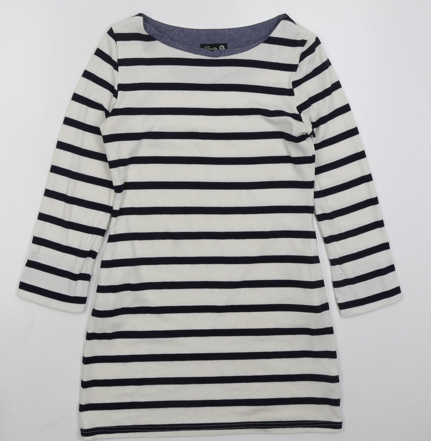 Danity Womens White Striped Cotton T-Shirt Dress  Size L  Boat Neck Pullover