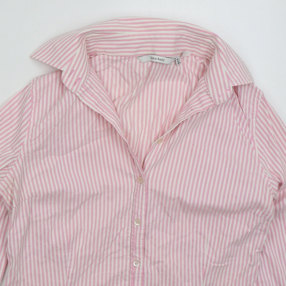 Zara Womens Pink Striped Cotton Basic Button-Up Size L Collared