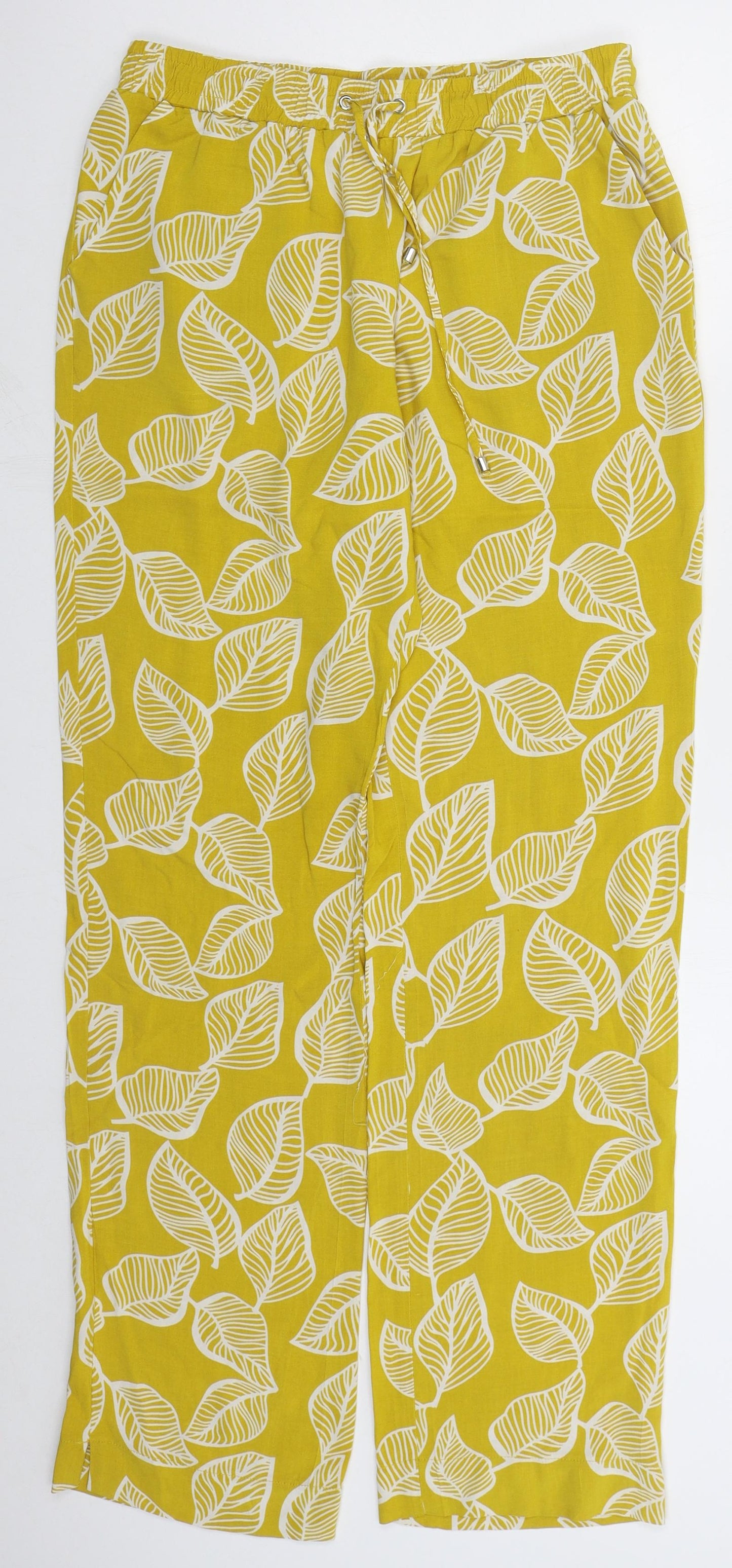 BPC Womens Yellow Floral Viscose Trousers  Size 12 L31 in Regular Drawstring - Leaf Prints