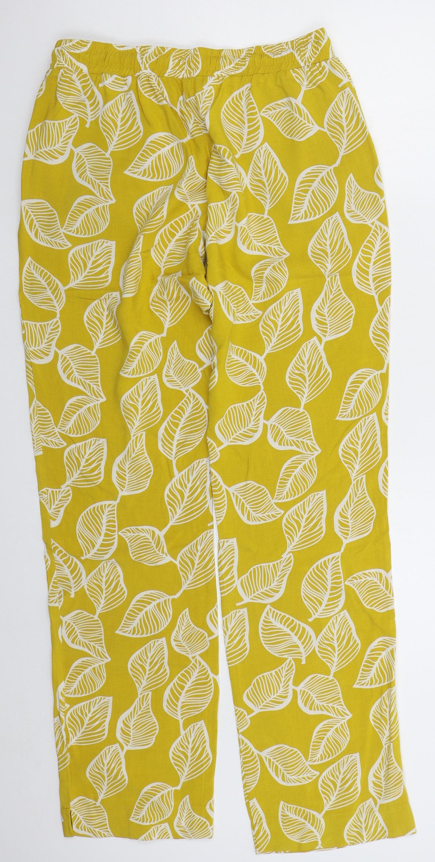 BPC Womens Yellow Floral Viscose Trousers  Size 12 L31 in Regular Drawstring - Leaf Prints