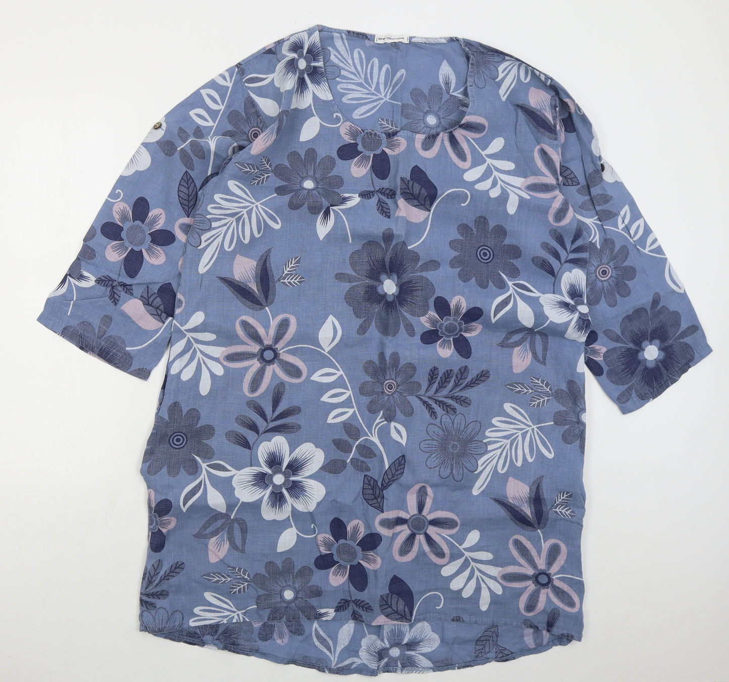 New Collection Womens Blue Floral Linen Basic T-Shirt Size L Round Neck