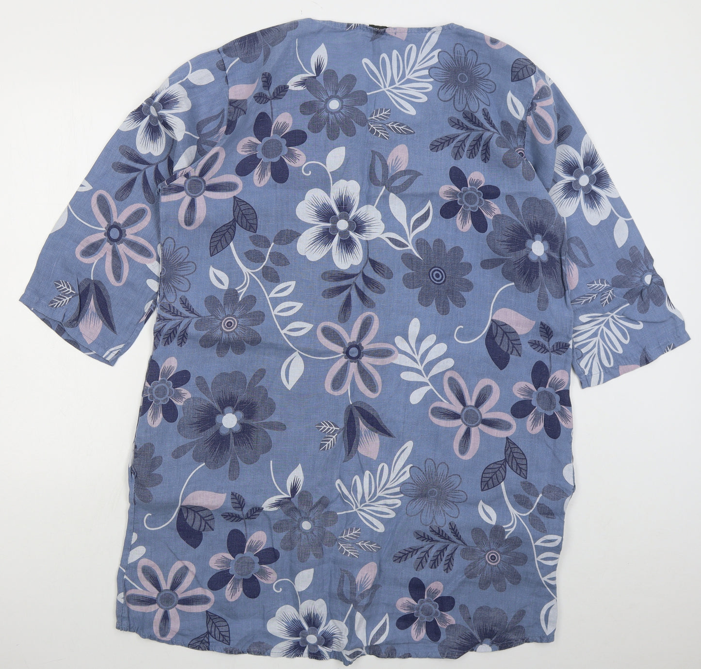 New Collection Womens Blue Floral Linen Basic T-Shirt Size L Round Neck