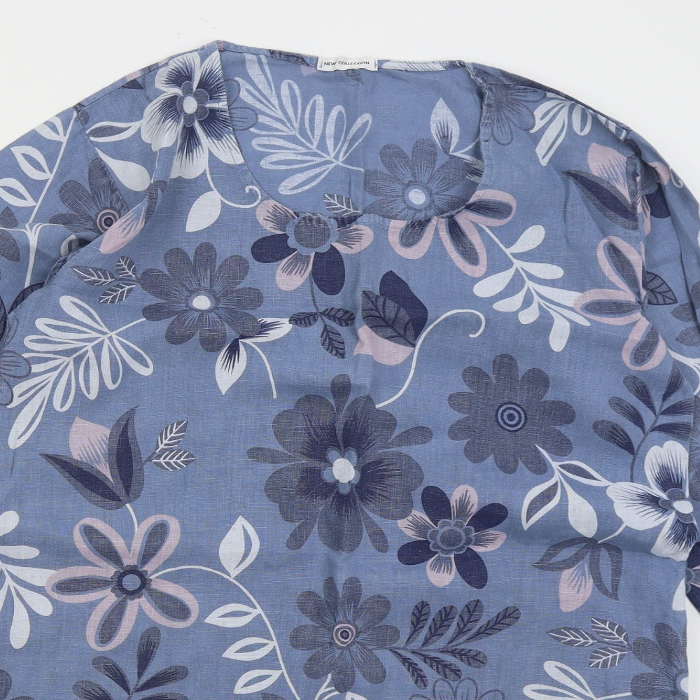 New Collection Womens Blue Floral Linen Basic T-Shirt Size L Round Neck