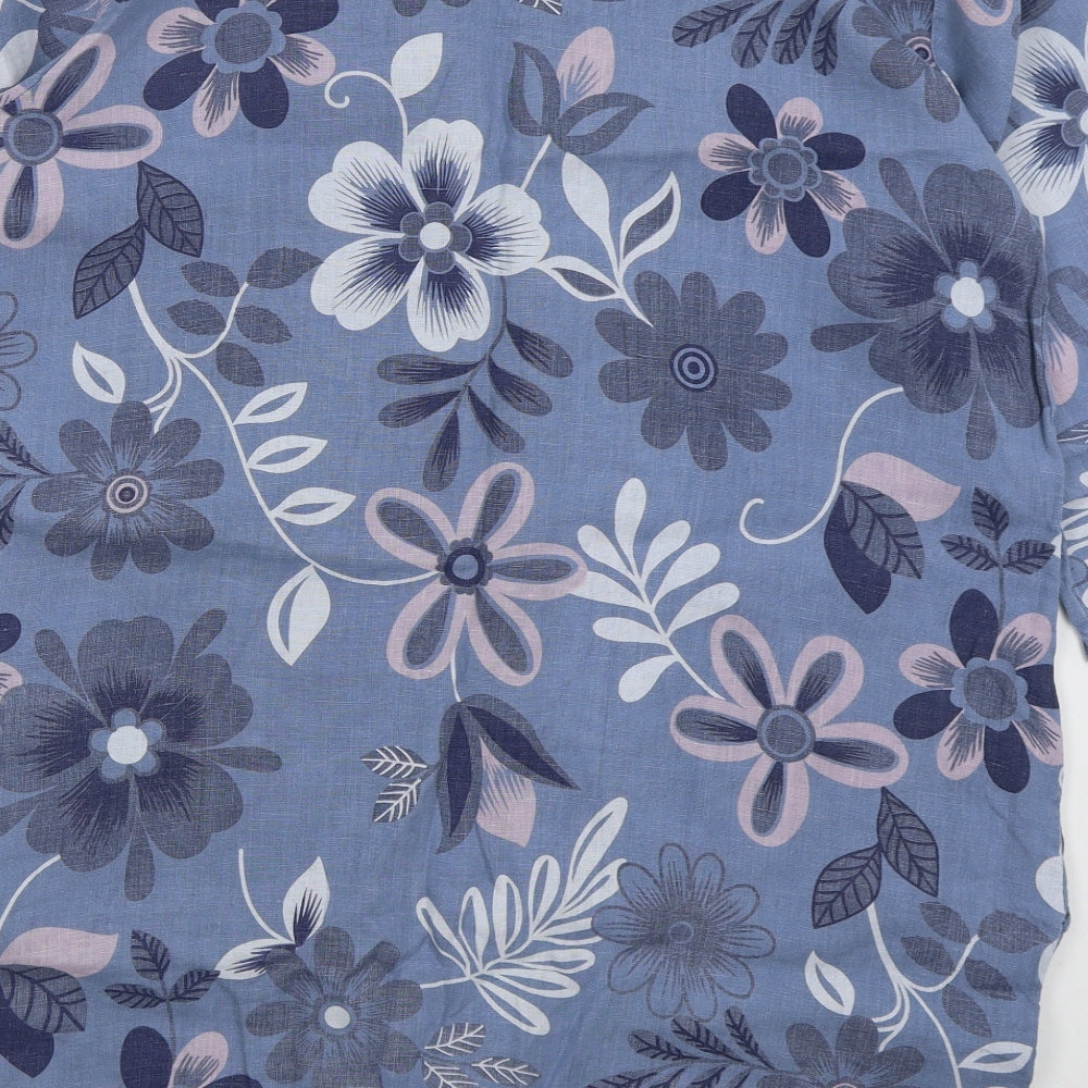 New Collection Womens Blue Floral Linen Basic T-Shirt Size L Round Neck