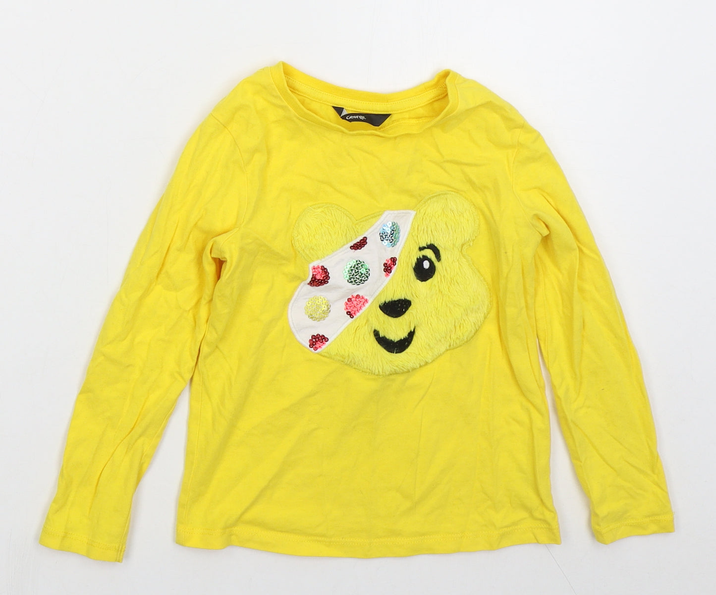 George Girls Yellow  Cotton Basic T-Shirt Size 4-5 Years Crew Neck Pullover - Pudsey