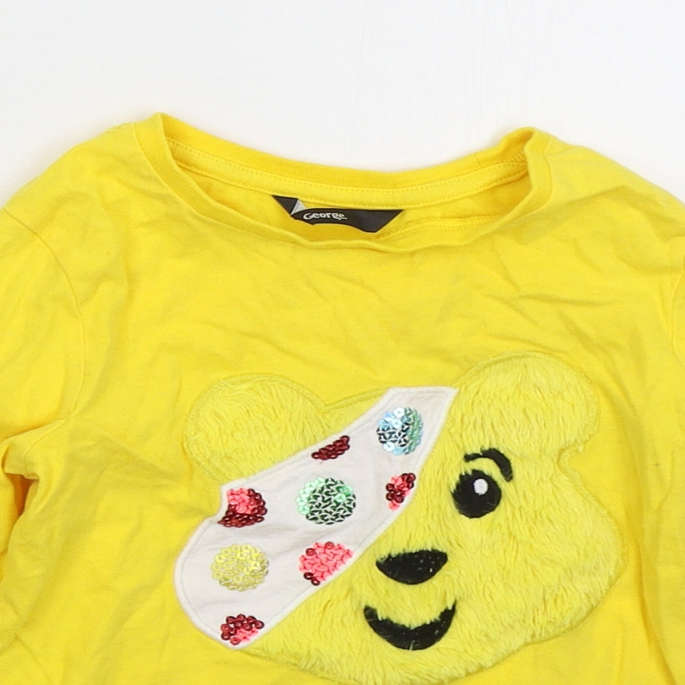 George Girls Yellow  Cotton Basic T-Shirt Size 4-5 Years Crew Neck Pullover - Pudsey