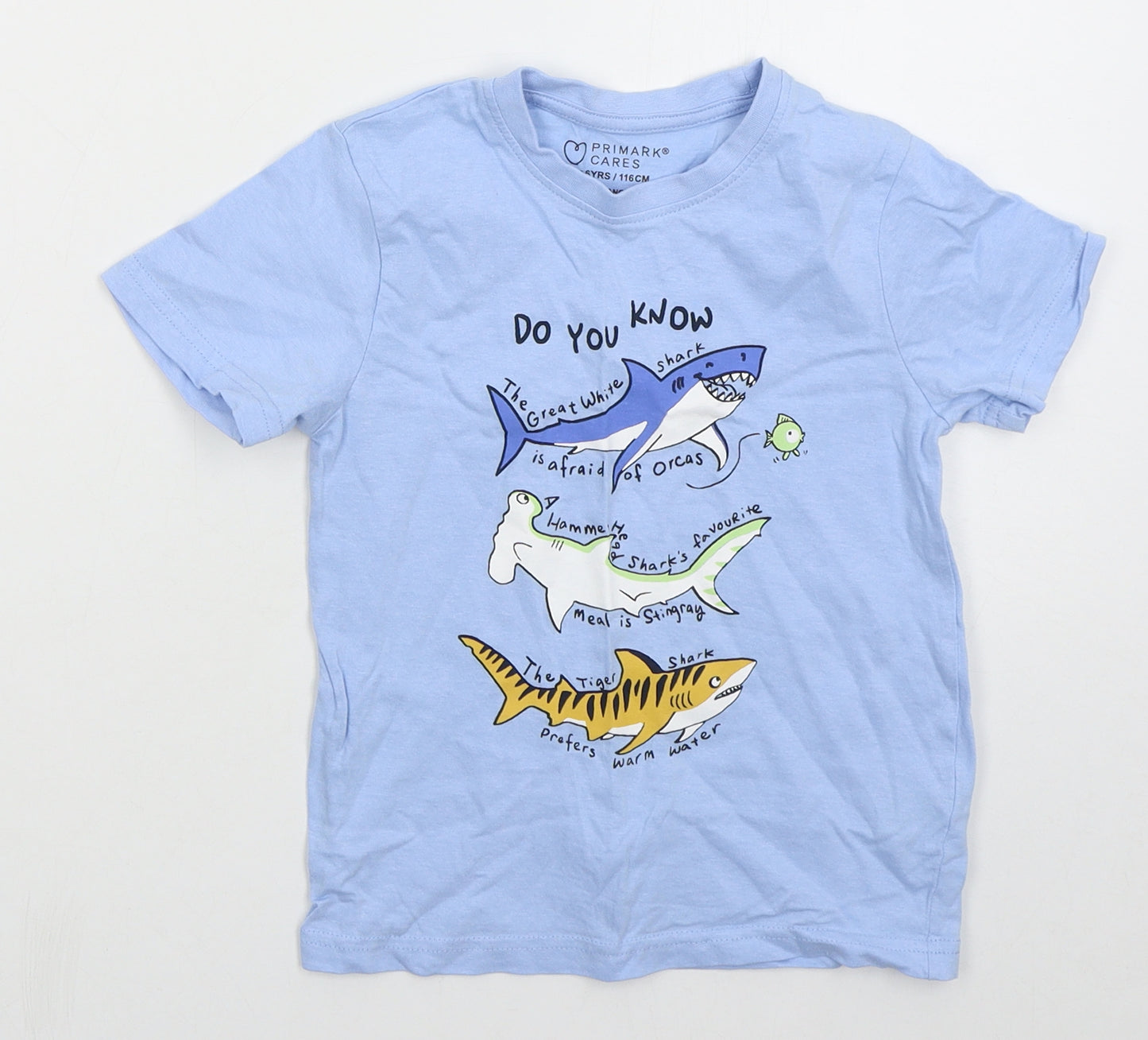 Primark Boys Blue  Cotton Basic T-Shirt Size 5-6 Years Crew Neck Pullover - Sharks