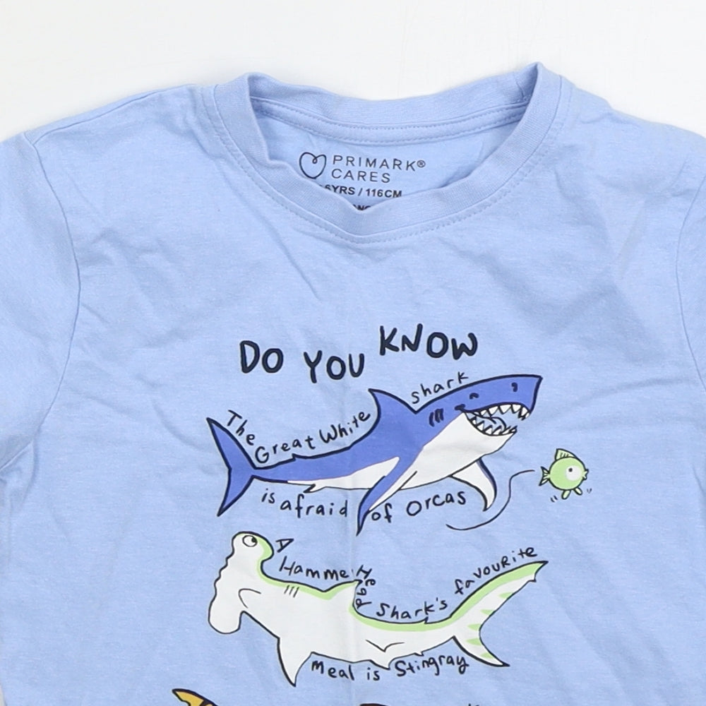 Primark Boys Blue  Cotton Basic T-Shirt Size 5-6 Years Crew Neck Pullover - Sharks