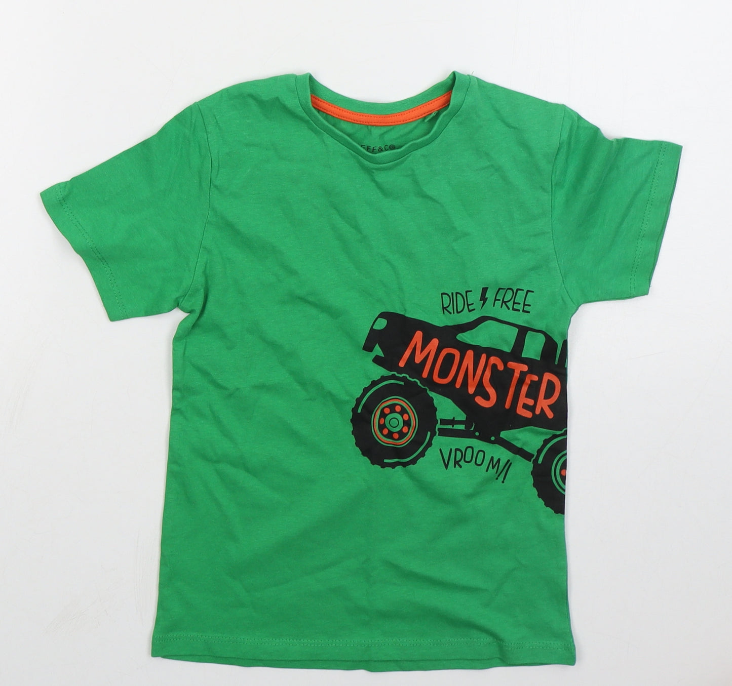 Jeff & Co Boys Green  Cotton Basic T-Shirt Size 5-6 Years Crew Neck Pullover - Monster Truck