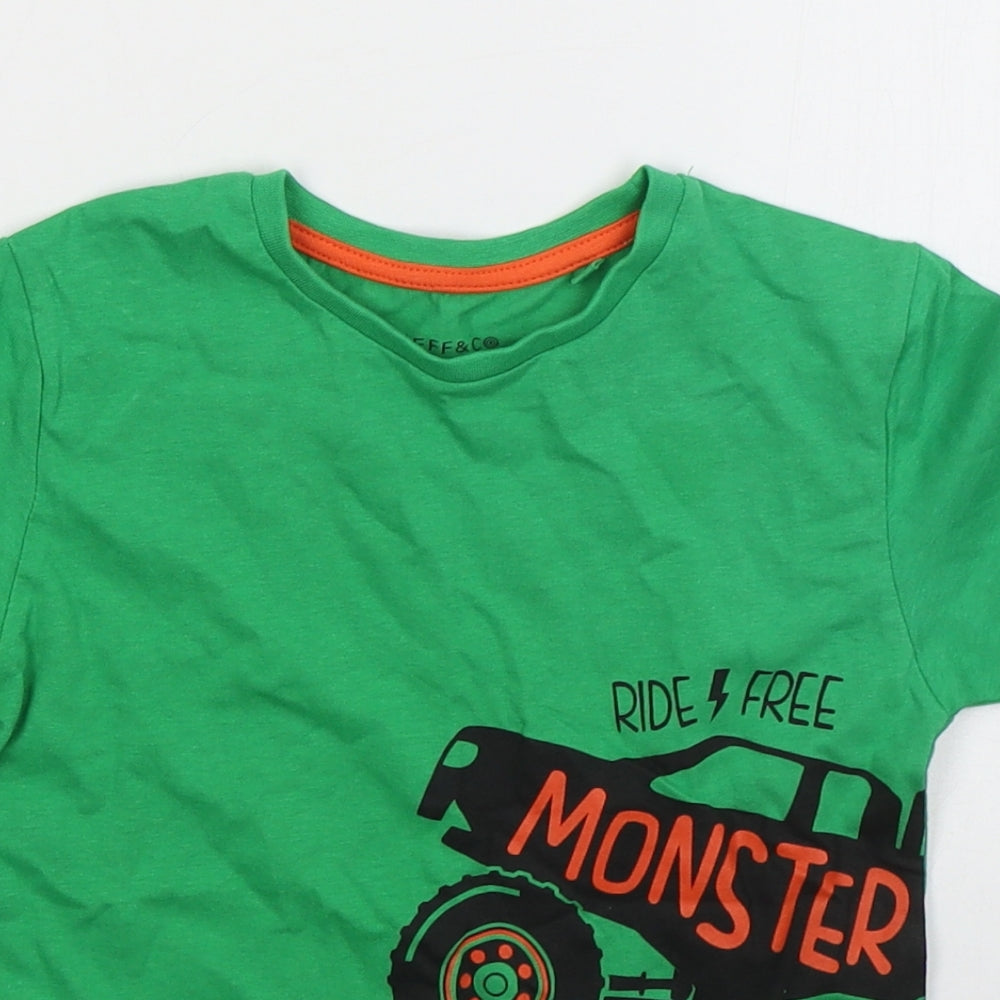 Jeff & Co Boys Green  Cotton Basic T-Shirt Size 5-6 Years Crew Neck Pullover - Monster Truck