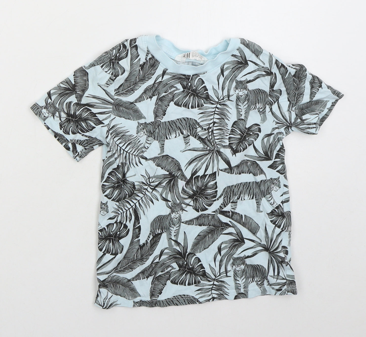 H&M Boys Blue Floral Cotton Basic T-Shirt Size 4-5 Years Crew Neck Pullover - Tigers
