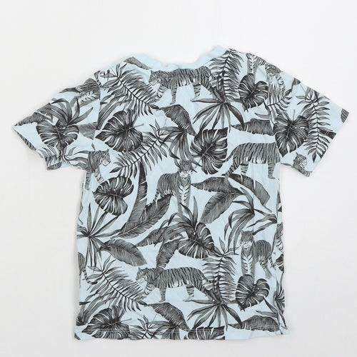 H&M Boys Blue Floral Cotton Basic T-Shirt Size 4-5 Years Crew Neck Pullover - Tigers