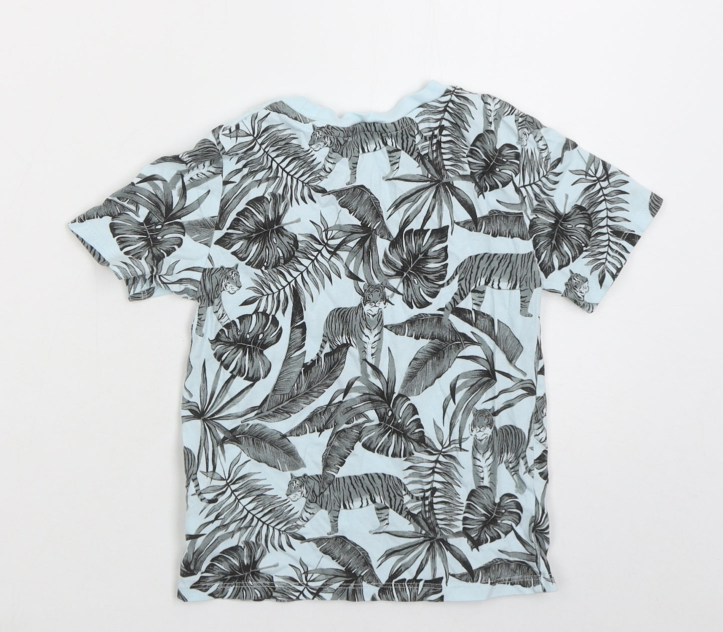 H&M Boys Blue Floral Cotton Basic T-Shirt Size 4-5 Years Crew Neck Pullover - Tigers