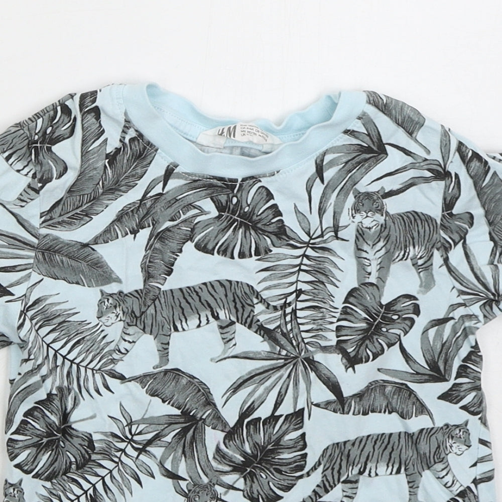 H&M Boys Blue Floral Cotton Basic T-Shirt Size 4-5 Years Crew Neck Pullover - Tigers