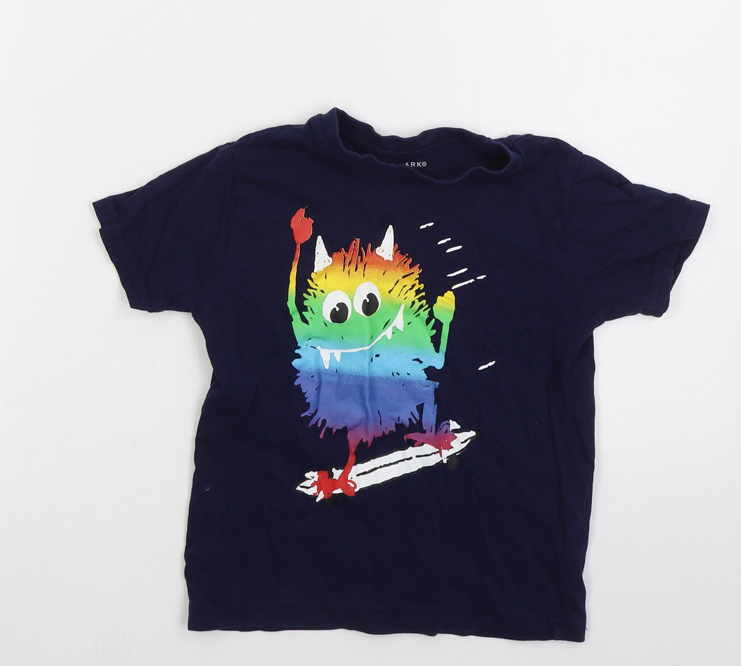 Primark Boys Blue  Cotton Basic T-Shirt Size 4-5 Years Crew Neck Pullover - Skateboarding Monster