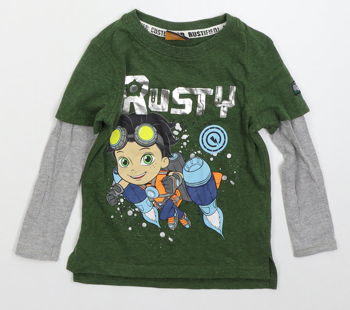 George Boys Green Cotton Basic T-Shirt Size 2-3 Years Crew Neck Pullover - Rusty
