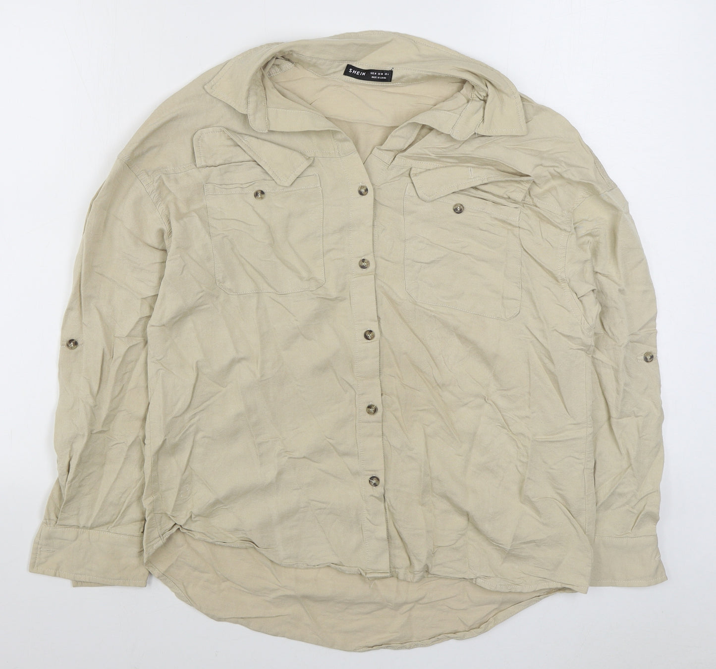 SheIn Womens Beige  Polyester Basic Button-Up Size M Collared