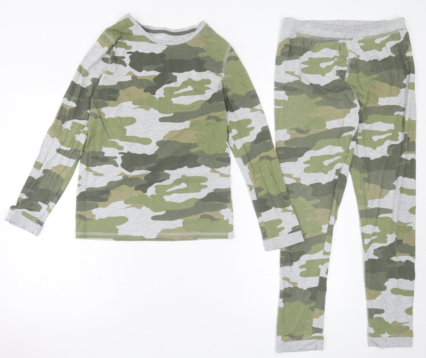 Marks and Spencer Boys Green Camouflage Cotton  Pyjama Set Size 11-12 Years  Pullover