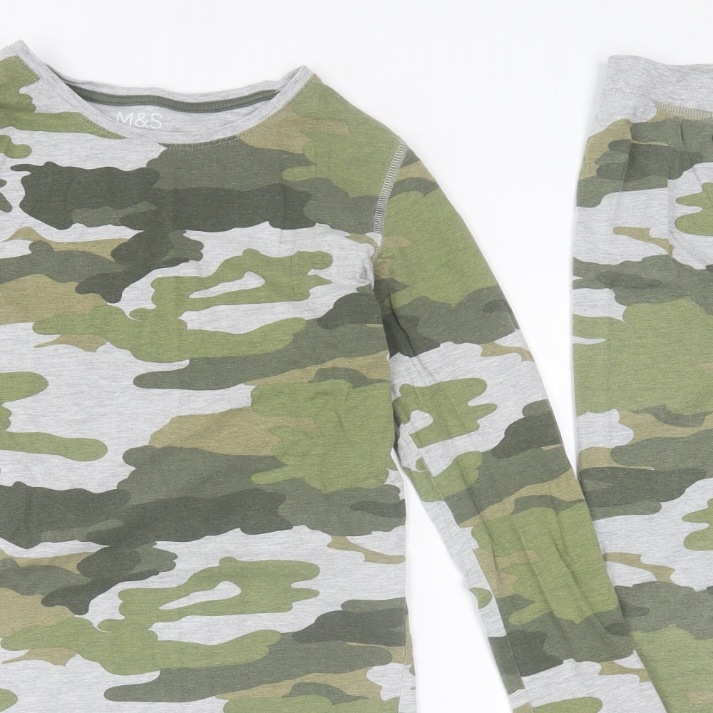 Marks and Spencer Boys Green Camouflage Cotton  Pyjama Set Size 11-12 Years  Pullover