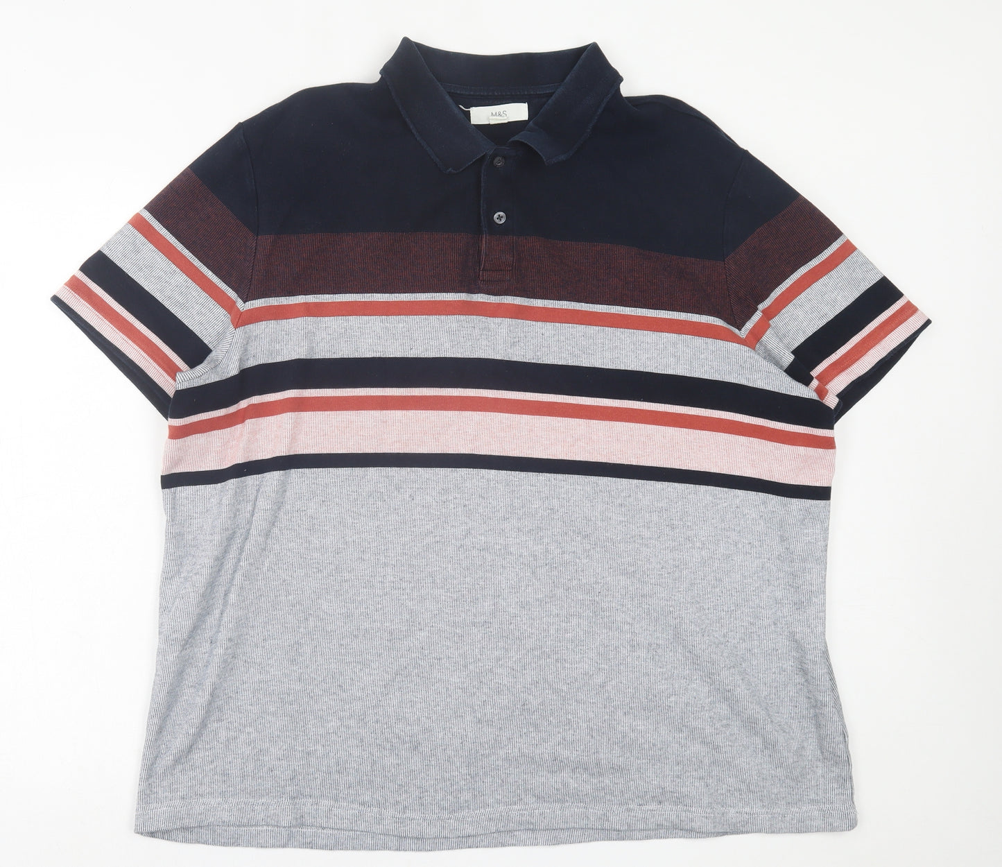 Marks and Spencer Mens Blue Striped Cotton  Polo Size 3XL Collared Button