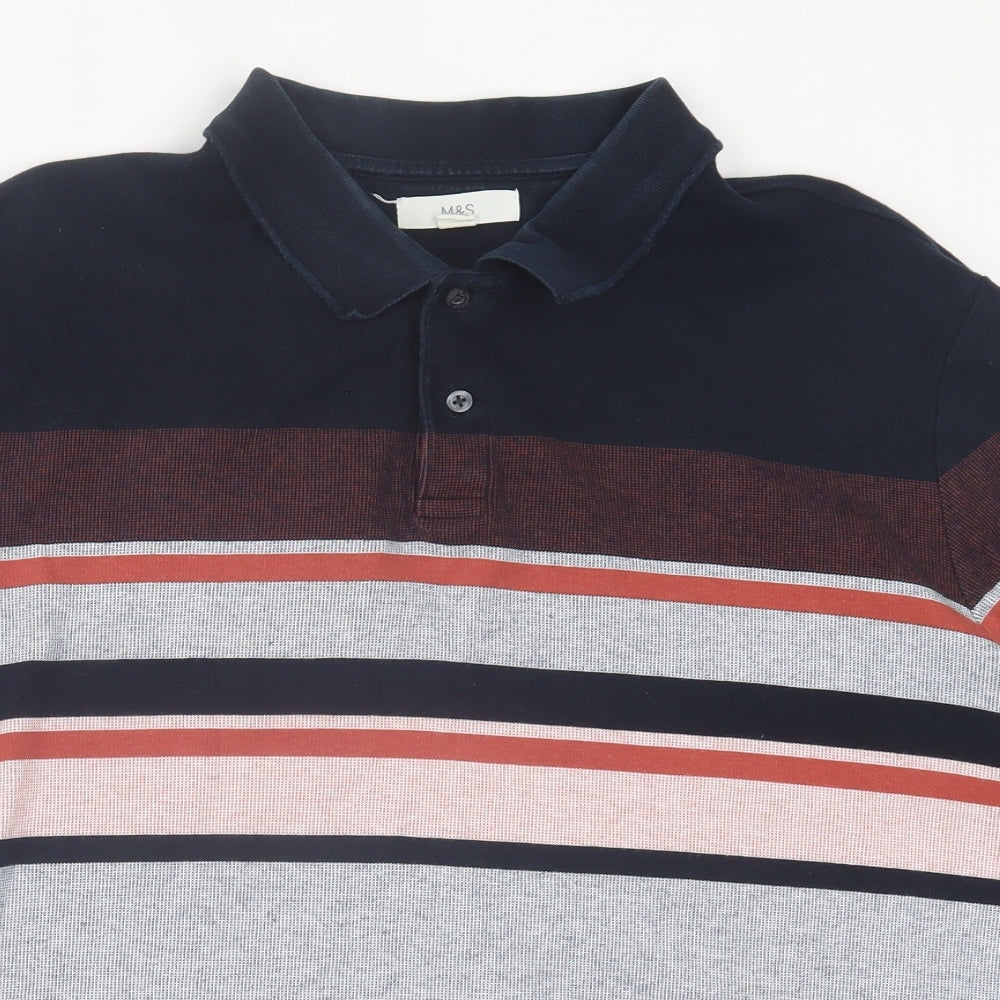 Marks and Spencer Mens Blue Striped Cotton  Polo Size 3XL Collared Button