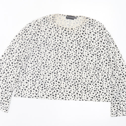 PRETTYLITTLETHING Womens White Animal Print Polyester Cropped T-Shirt Size 8 Crew Neck