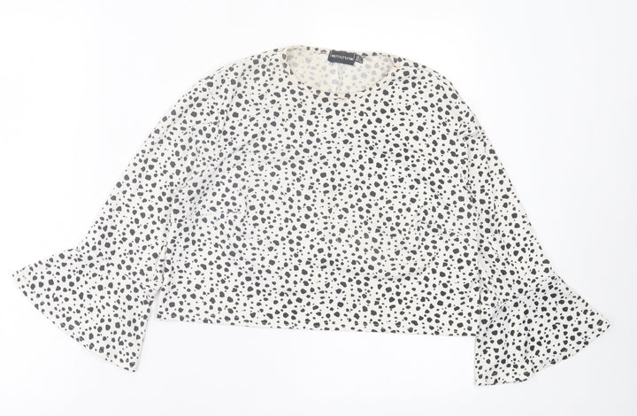 PRETTYLITTLETHING Womens White Animal Print Polyester Cropped T-Shirt Size 8 Crew Neck