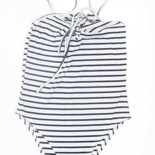 Missguided Womens Blue Striped Polyester Bodysuit One-Piece Size 8  Pullover