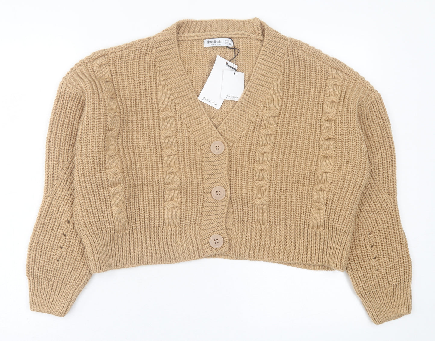 Stradivarius Womens Brown V-Neck  Acrylic Cardigan Jumper Size L   - cropped