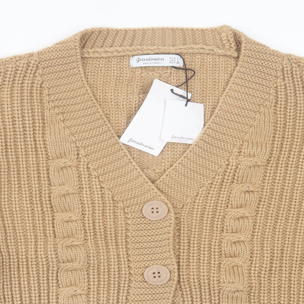 Stradivarius Womens Brown V-Neck  Acrylic Cardigan Jumper Size L   - cropped
