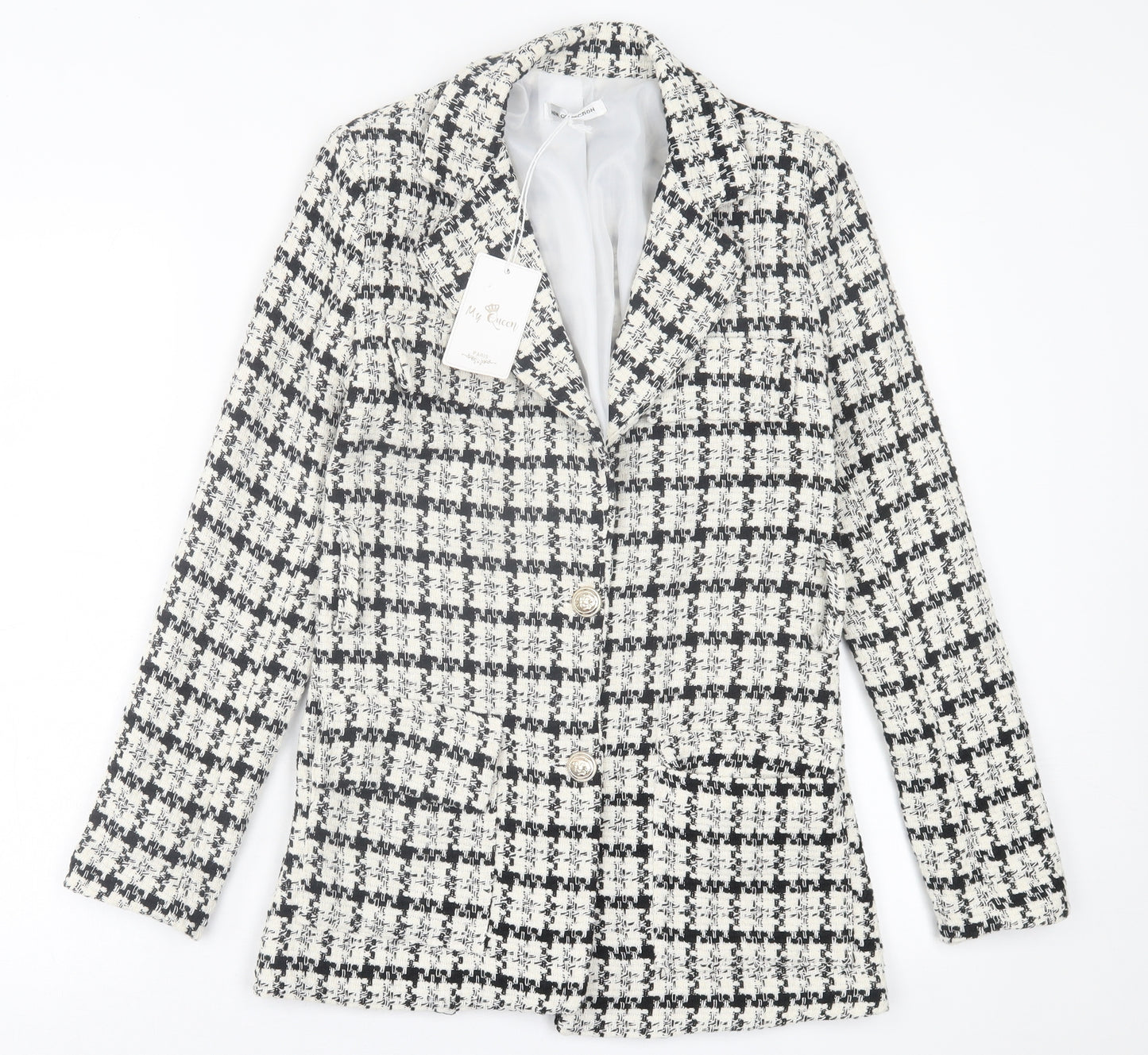 My Queen Paris Womens White Plaid  Jacket Blazer Size S  Button