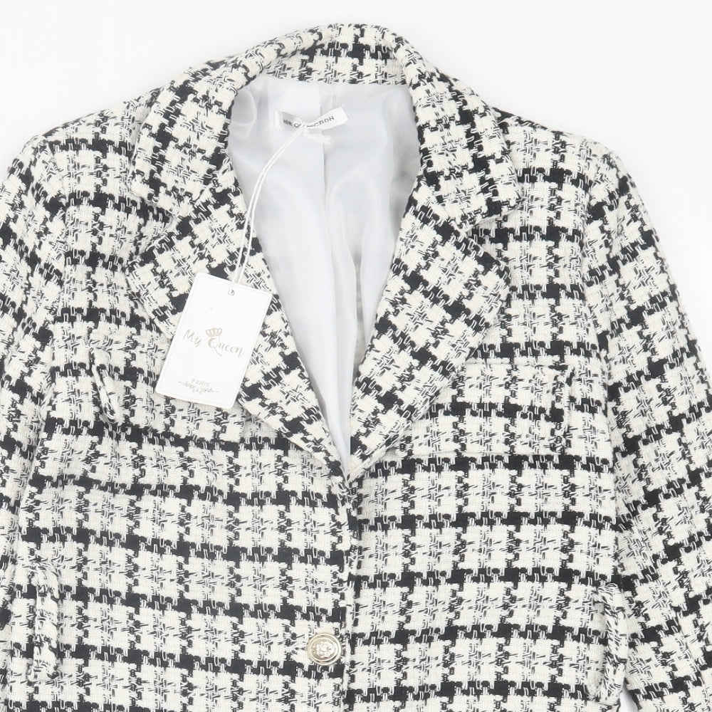 My Queen Paris Womens White Plaid  Jacket Blazer Size S  Button